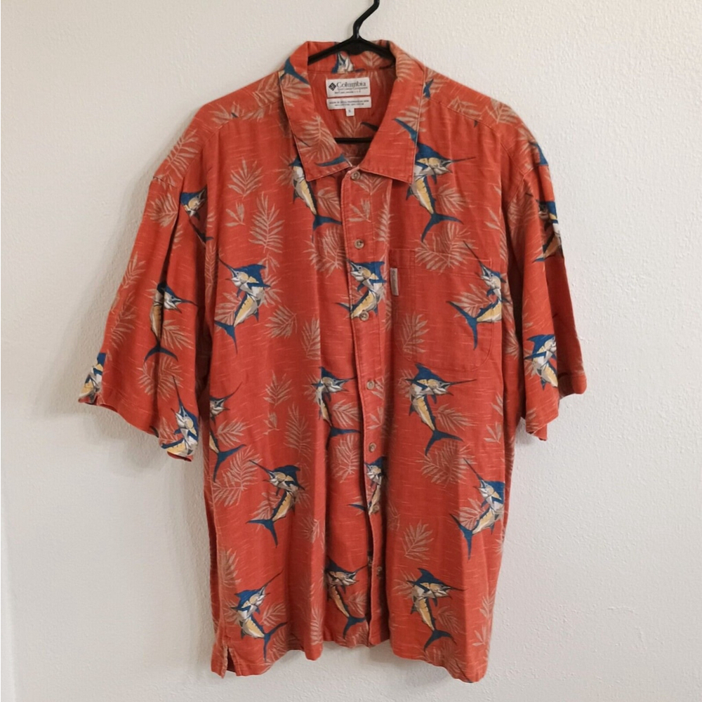 Columbia Cotton All Over Print Swordfish Button Down Short Sleeve Shirt Size XL